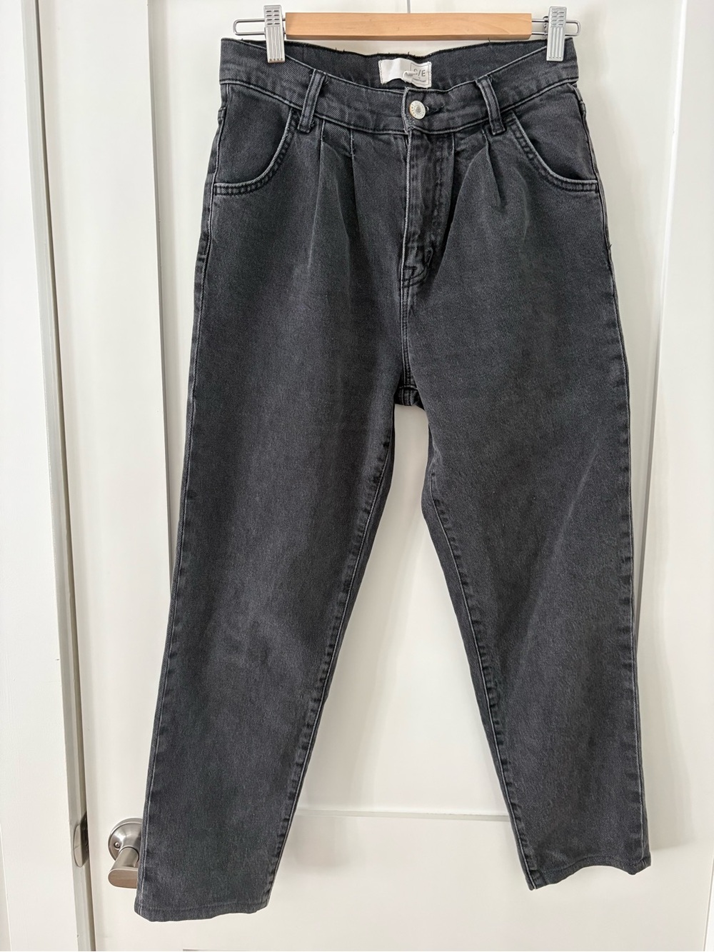 Current Elliott Pleated High Rise Slouchy Straight Tapered Jeans black grey 26